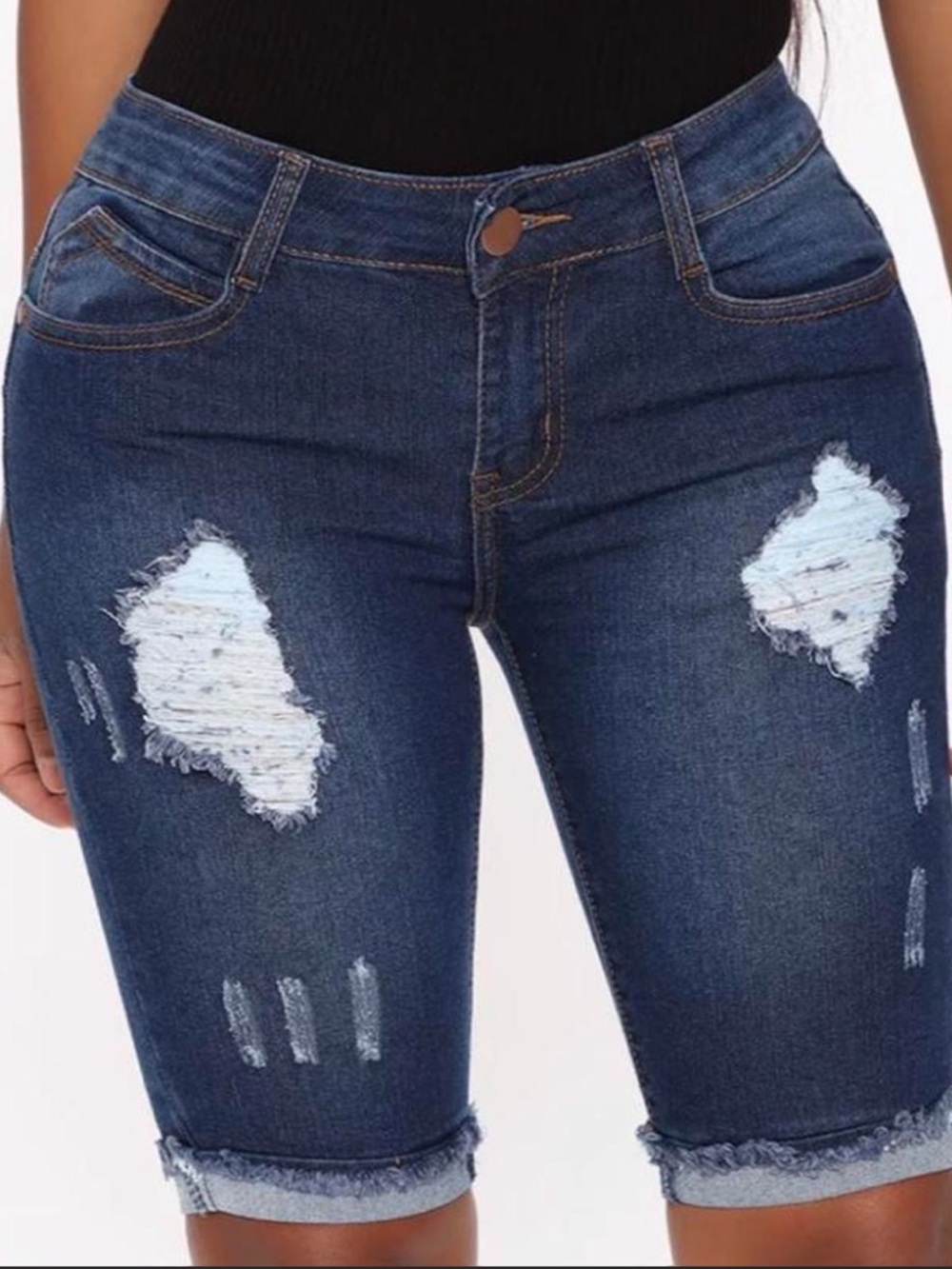 DESTROYED DENIM BERMUDAS